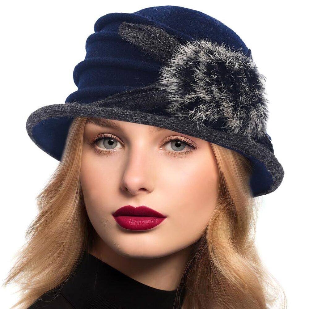 2983 Women Vintage Felt Bucket Hat Winter Wool Dress Beret Hat (c030-navy)